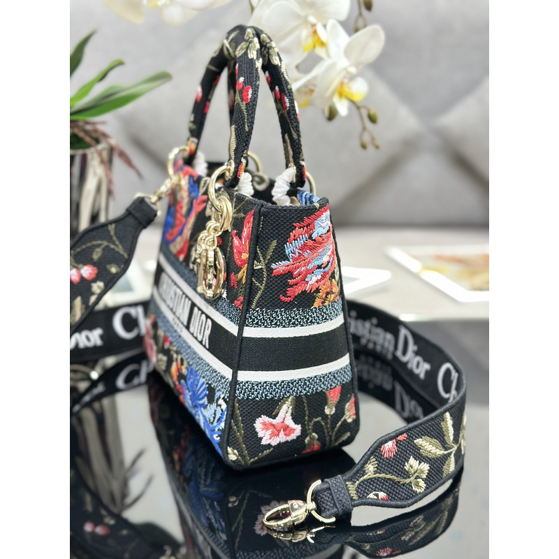 D*or medium lady d-lite bag black multicolor D*or birds embroidery