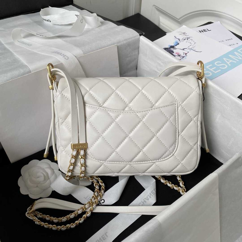 Ch*el small flap bag lambskin & gold-tone metal white