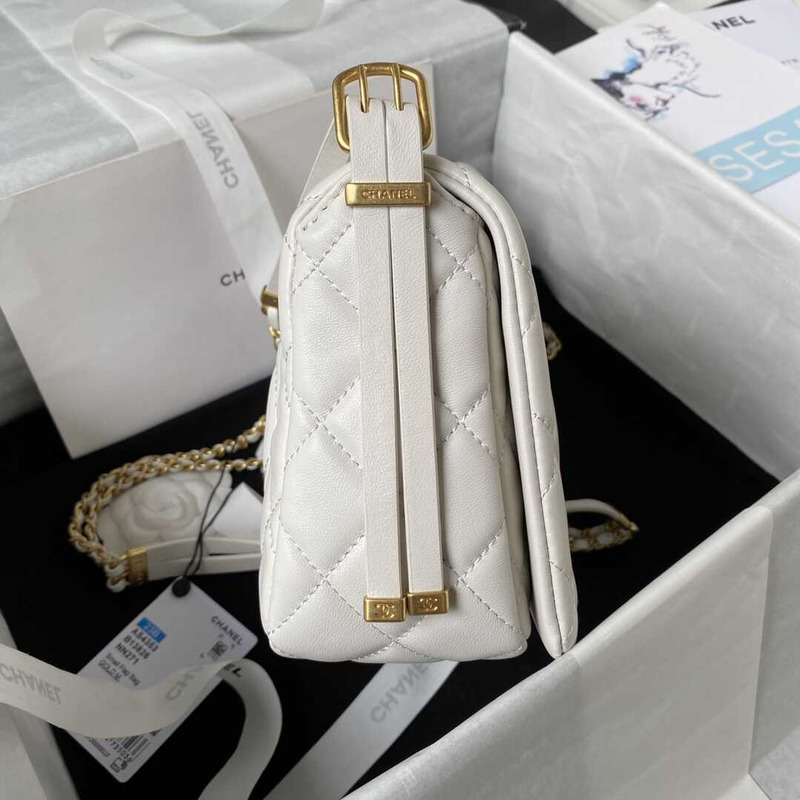 Ch*el small flap bag lambskin & gold-tone metal white