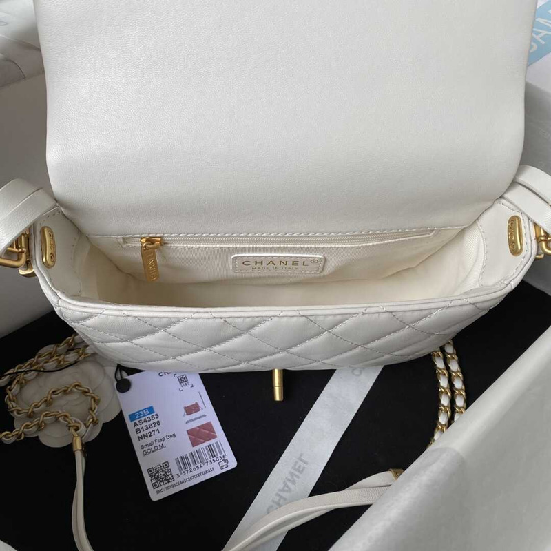 Ch*el small flap bag lambskin & gold-tone metal white