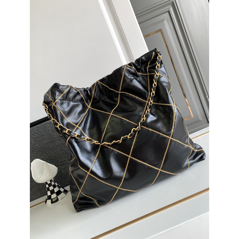 Ch*el small 22 bag shiny calfskin & gold-tone metal black