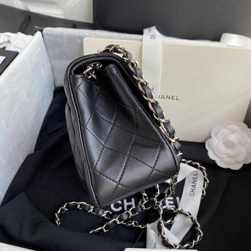 Ch*el mini flap bag lambskin & silver-tone metal black