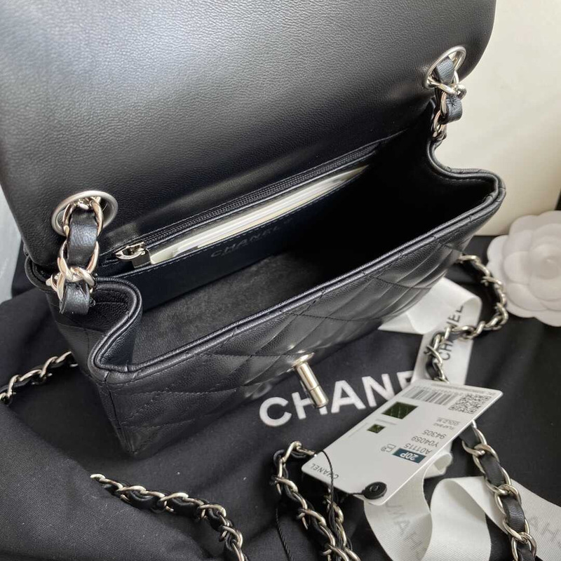 Ch*el mini flap bag lambskin & silver-tone metal black