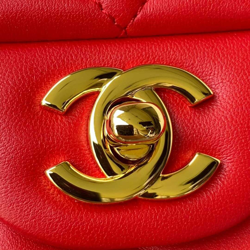 Ch*el mini flap bag lambskin & gold-tone metal red