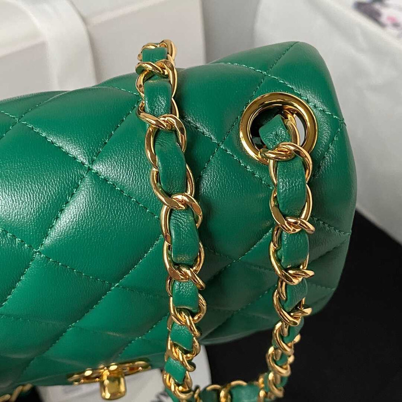 Ch*el mini flap bag lambskin & gold-tone metal drak green