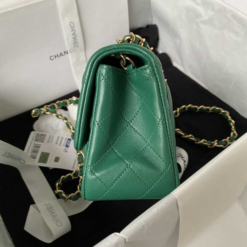 Ch*el mini flap bag lambskin & gold-tone metal drak green