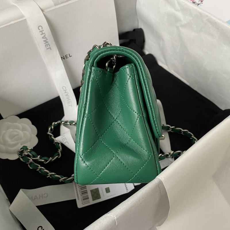 Ch*el mini flap bag lambskin & silver-tone metal drak green