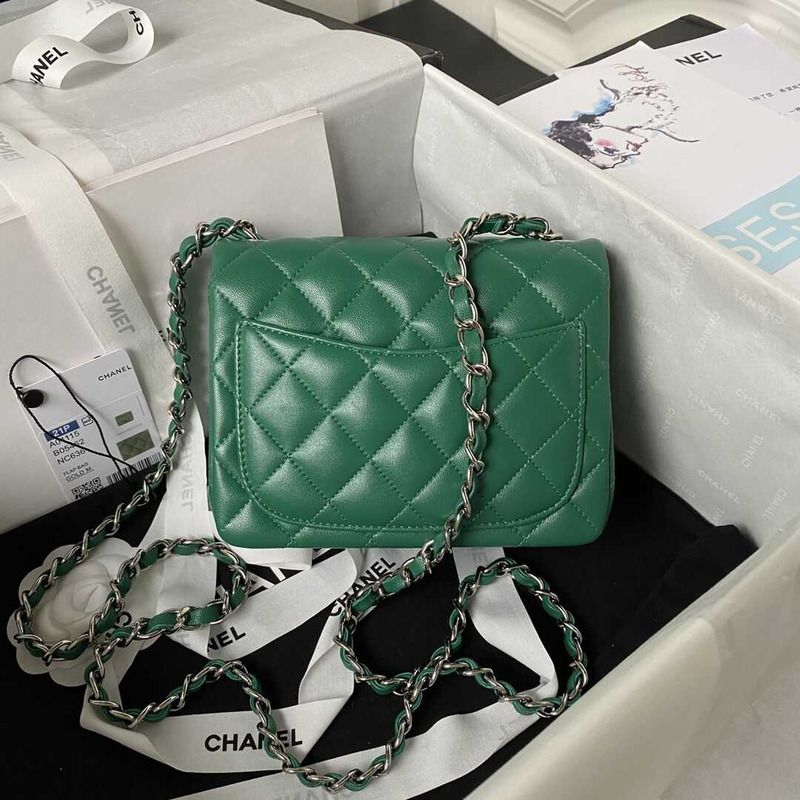 Ch*el mini flap bag lambskin & silver-tone metal drak green