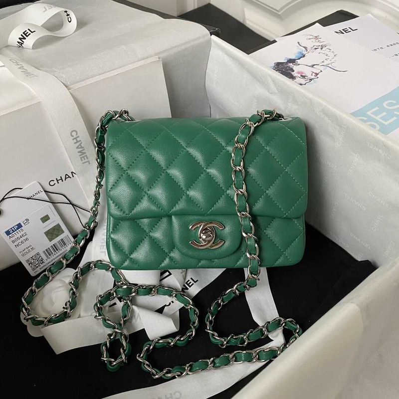 Ch*el mini flap bag lambskin & silver-tone metal drak green