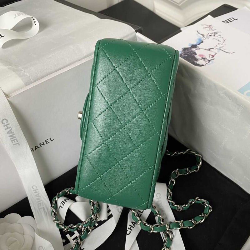 Ch*el mini flap bag lambskin & silver-tone metal drak green