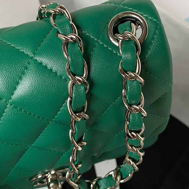 Ch*el mini flap bag lambskin & silver-tone metal drak green