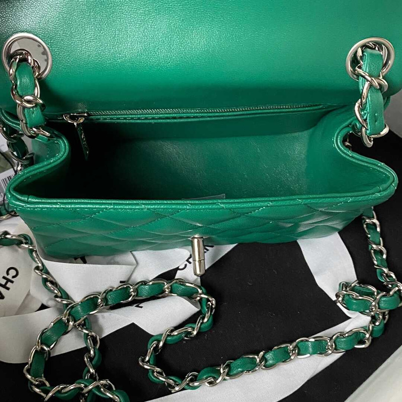 Ch*el mini flap bag lambskin & silver-tone metal drak green