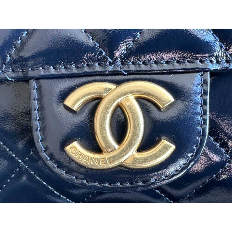 Ch*el hobo handbag shiny calfskin gold tone metal blue