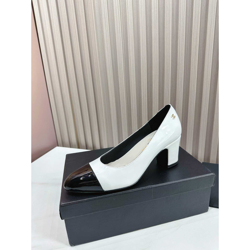 Ch*el pumps patent calfskin white & black