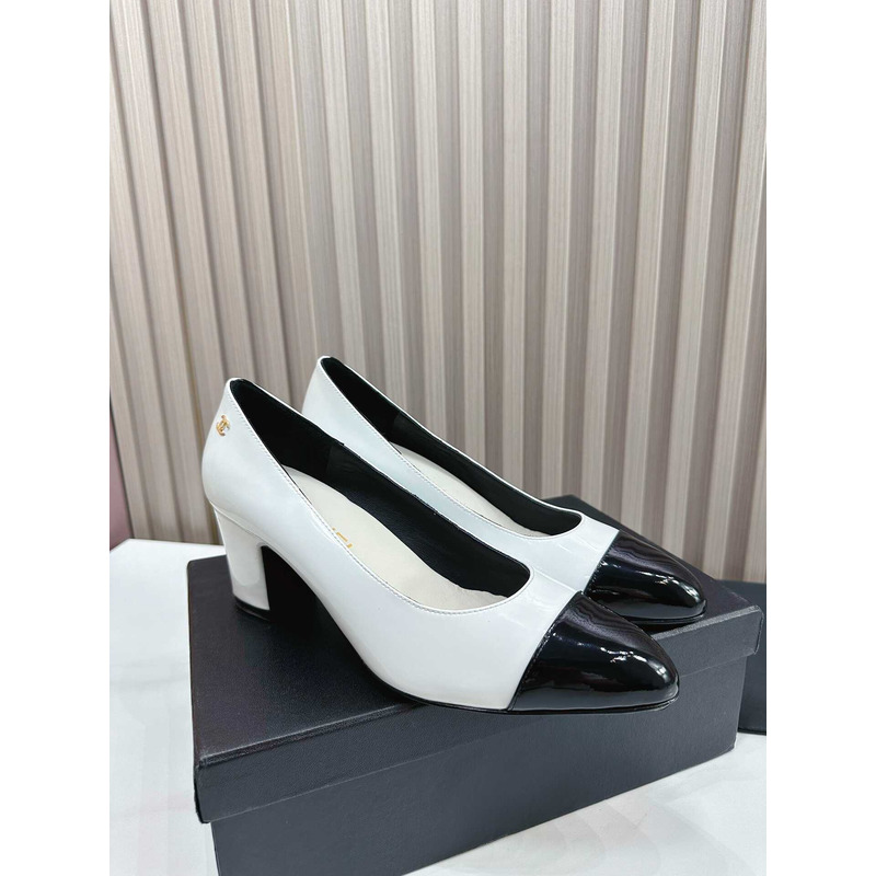 Ch*el pumps patent calfskin white & black