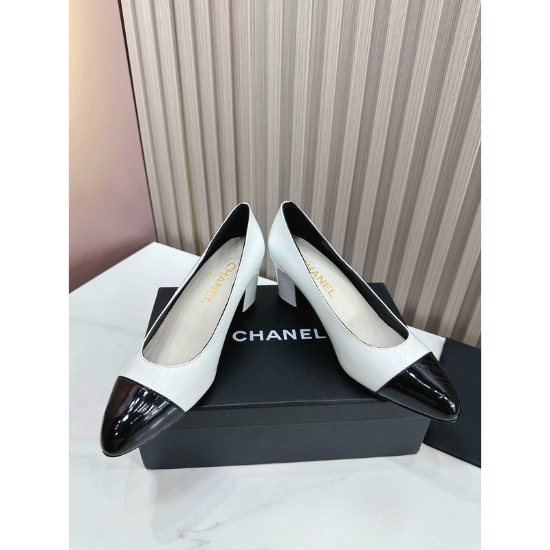 Ch*el pumps patent calfskin white & black