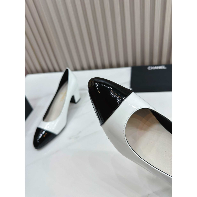 Ch*el pumps patent calfskin white & black