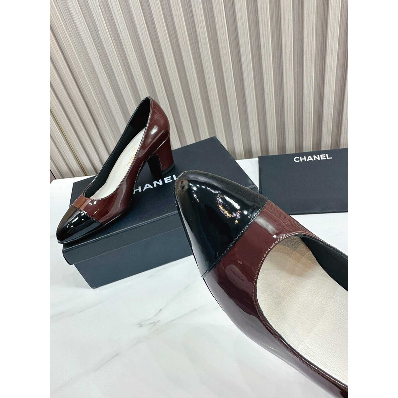 Ch*el pumps patent calfskin dark red & black