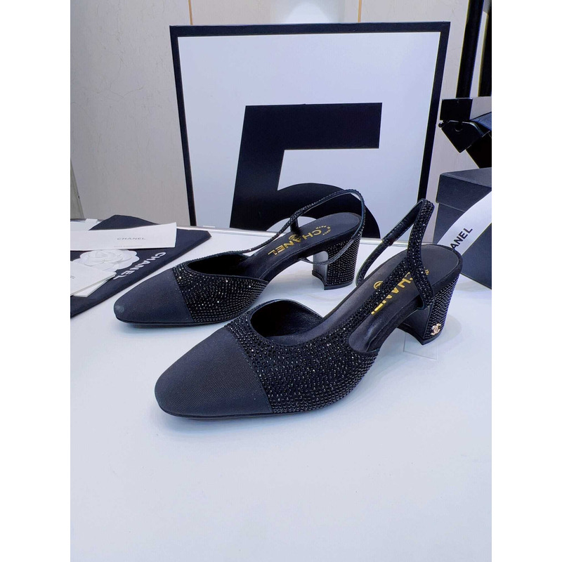 Ch*el strass 65mm slingbacks black grosgrain