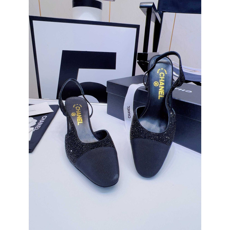 Ch*el strass 65mm slingbacks black grosgrain