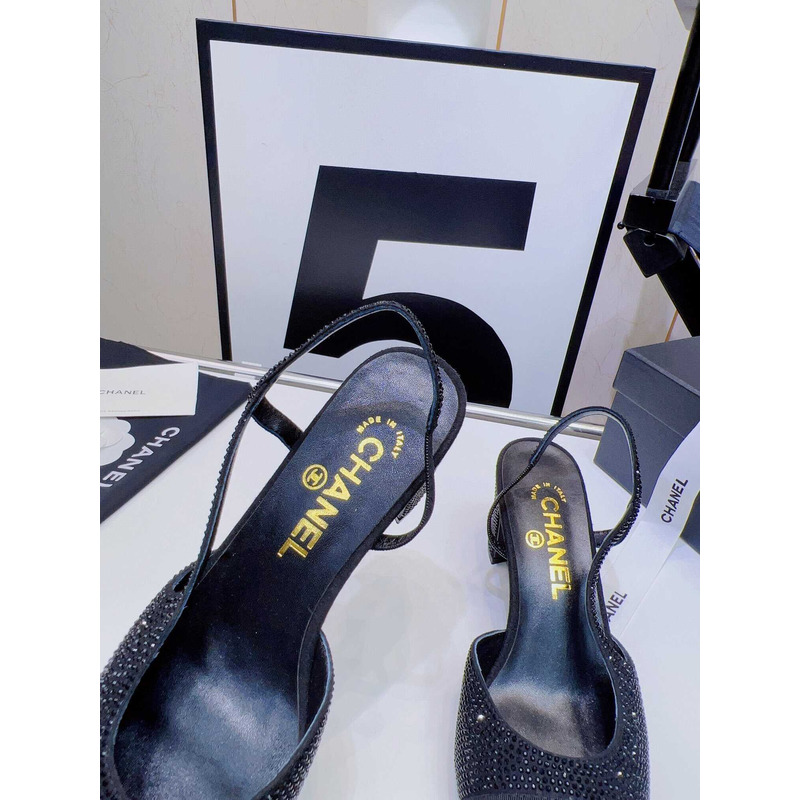 Ch*el strass 65mm slingbacks black grosgrain