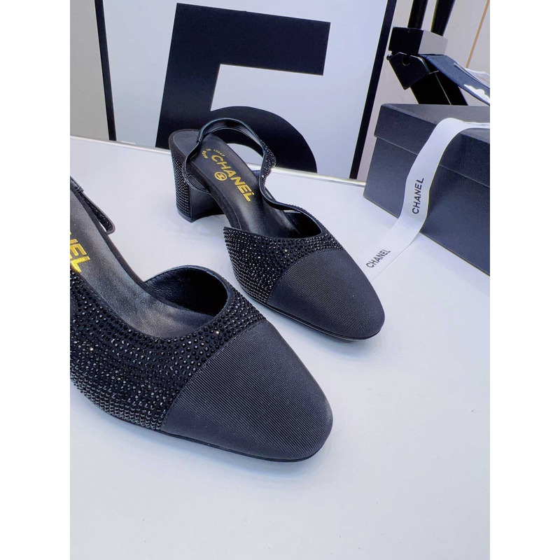 Ch*el strass 65mm slingbacks black grosgrain