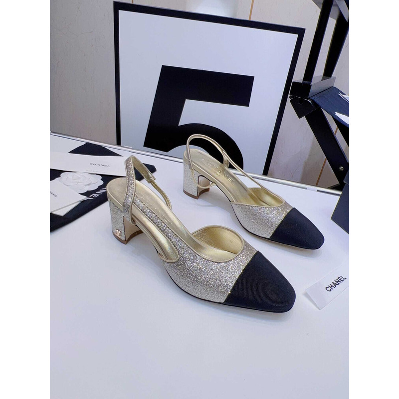 Ch*el strass 65mm slingbacks silver black grosgrain