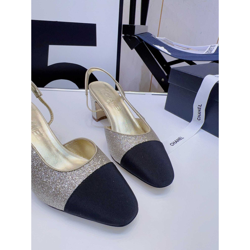 Ch*el strass 65mm slingbacks silver black grosgrain