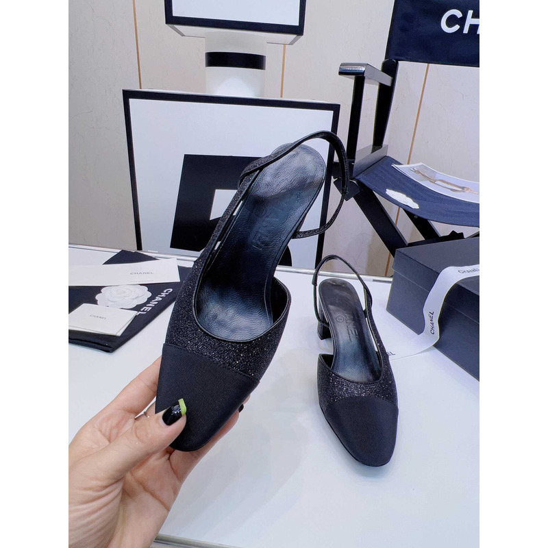 Ch*el strass 65mm slingbacks black grosgrain