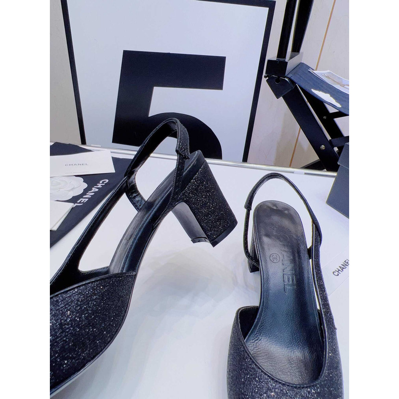 Ch*el strass 65mm slingbacks black grosgrain