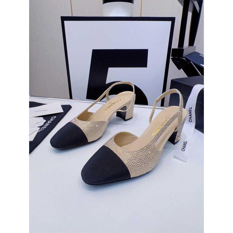 Ch*el strass 65mm slingbacks gold black grosgrain