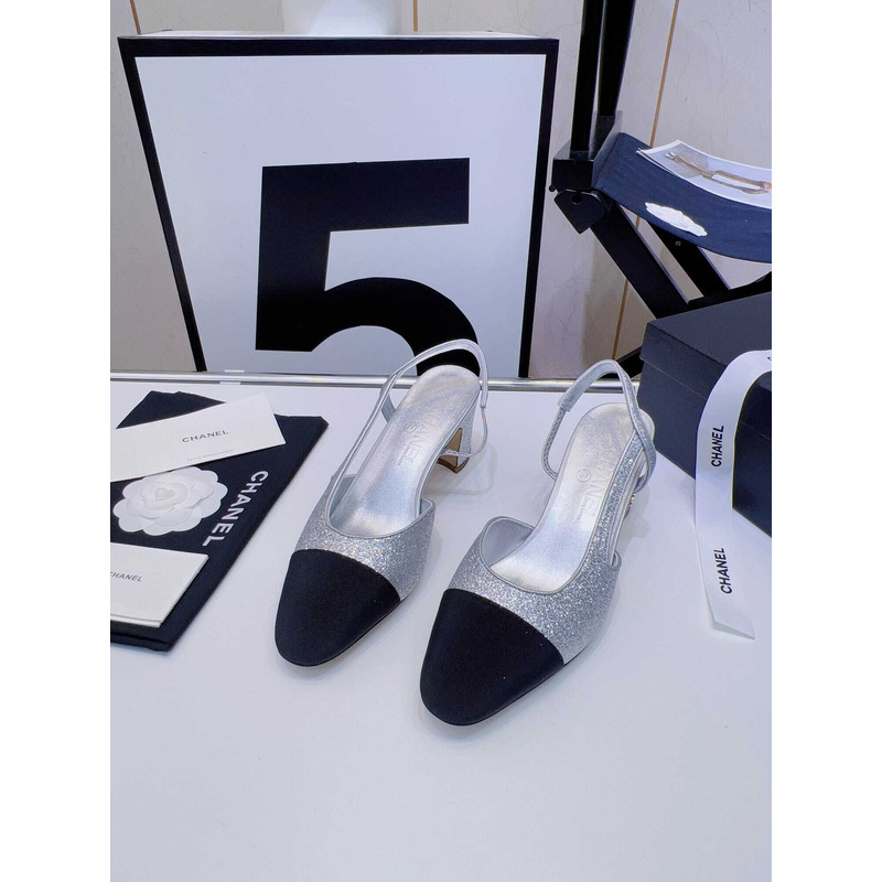 Ch*el strass 65mm slingbacks silver black grosgrain