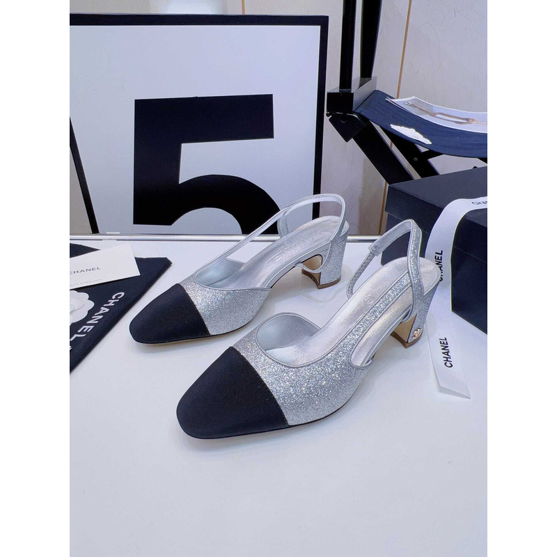 Ch*el strass 65mm slingbacks silver black grosgrain