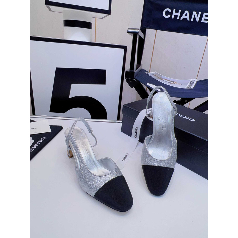 Ch*el strass 65mm slingbacks silver black grosgrain