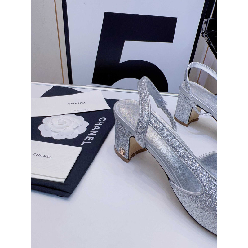 Ch*el strass 65mm slingbacks silver black grosgrain