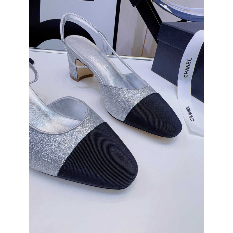 Ch*el strass 65mm slingbacks silver black grosgrain