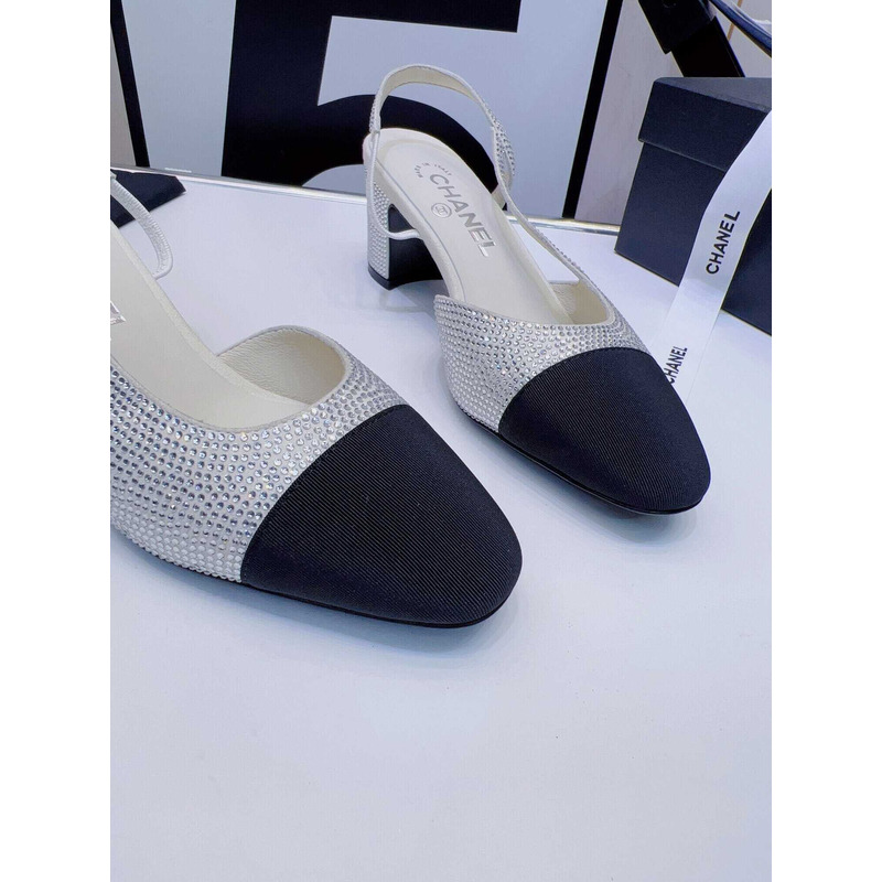 Ch*el strass 65mm slingbacks silver black grosgrain