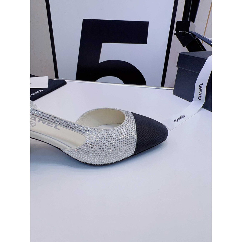 Ch*el strass 65mm slingbacks silver black grosgrain