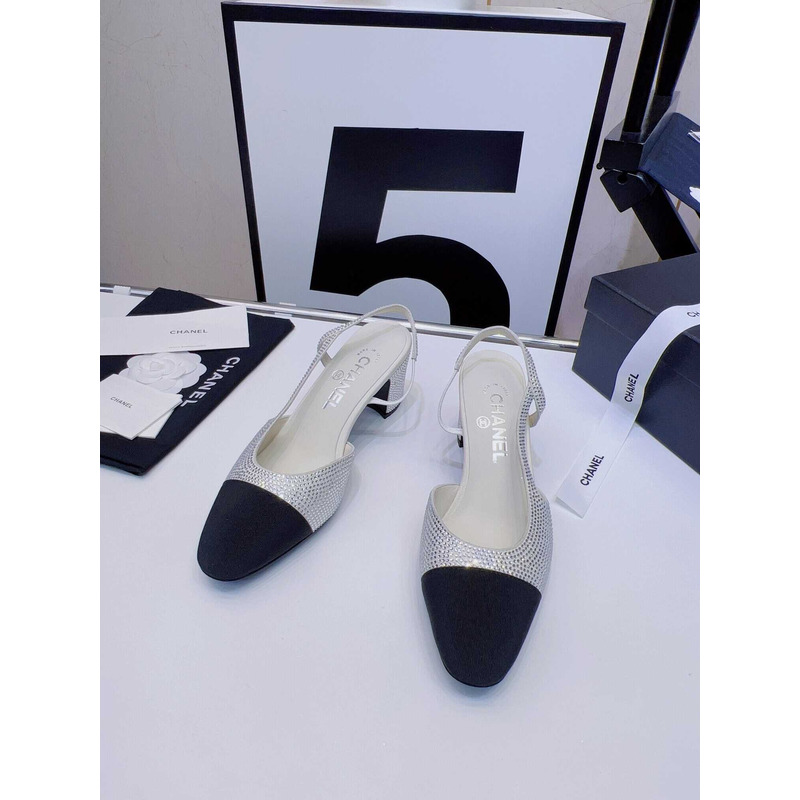 Ch*el strass 65mm slingbacks silver black grosgrain