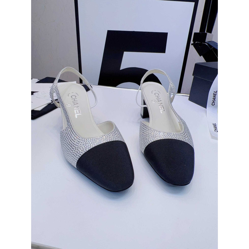 Ch*el strass 65mm slingbacks silver black grosgrain