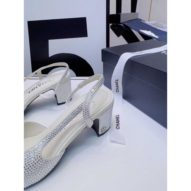 Ch*el strass 65mm slingbacks silver black grosgrain