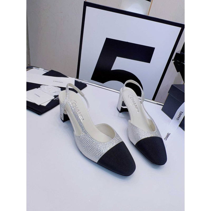 Ch*el strass 65mm slingbacks silver black grosgrain