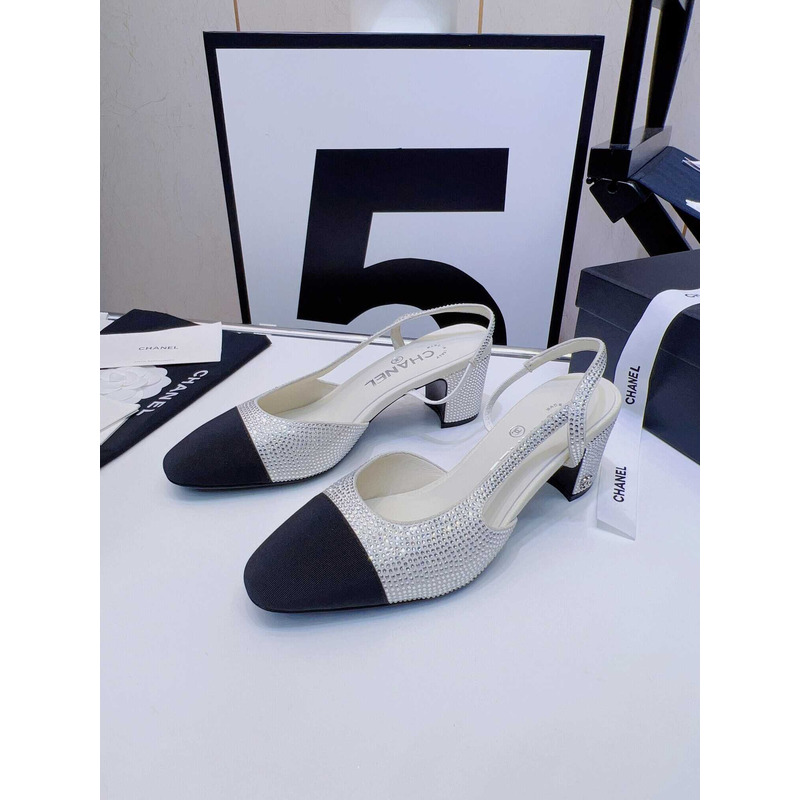 Ch*el strass 65mm slingbacks silver black grosgrain