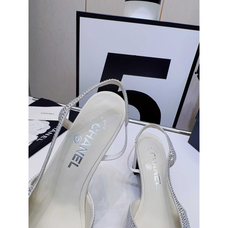 Ch*el strass 65mm slingbacks silver black grosgrain