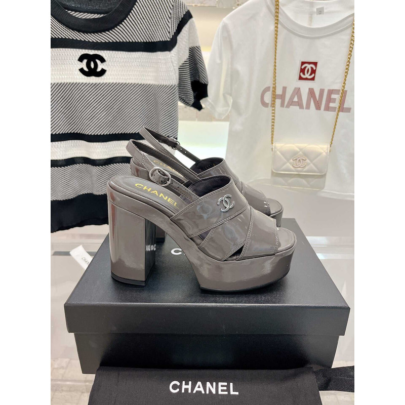 Ch*el lambskin heeled sandals grey