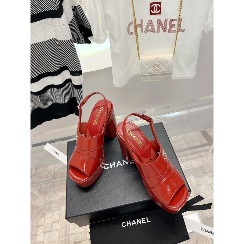 Ch*el lambskin heeled sandals red