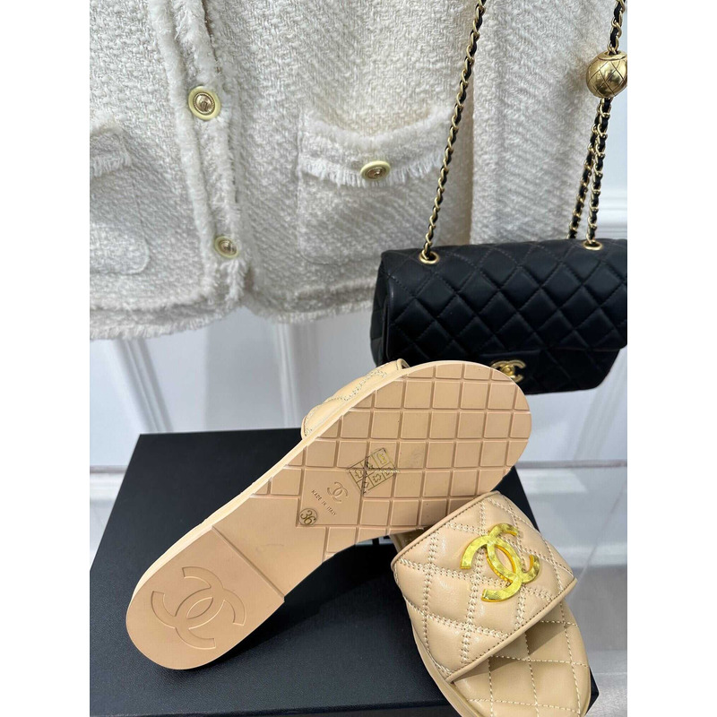 Ch*el lambskin slides beige