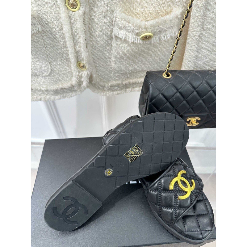 Ch*el lambskin slides black