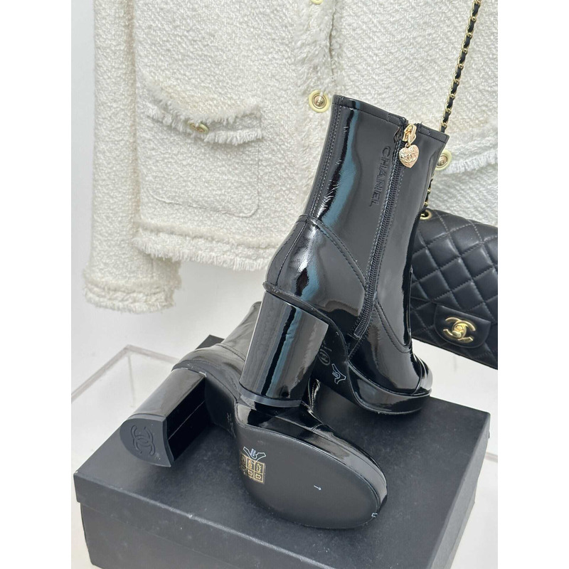 Ch*el short boots patent leather black