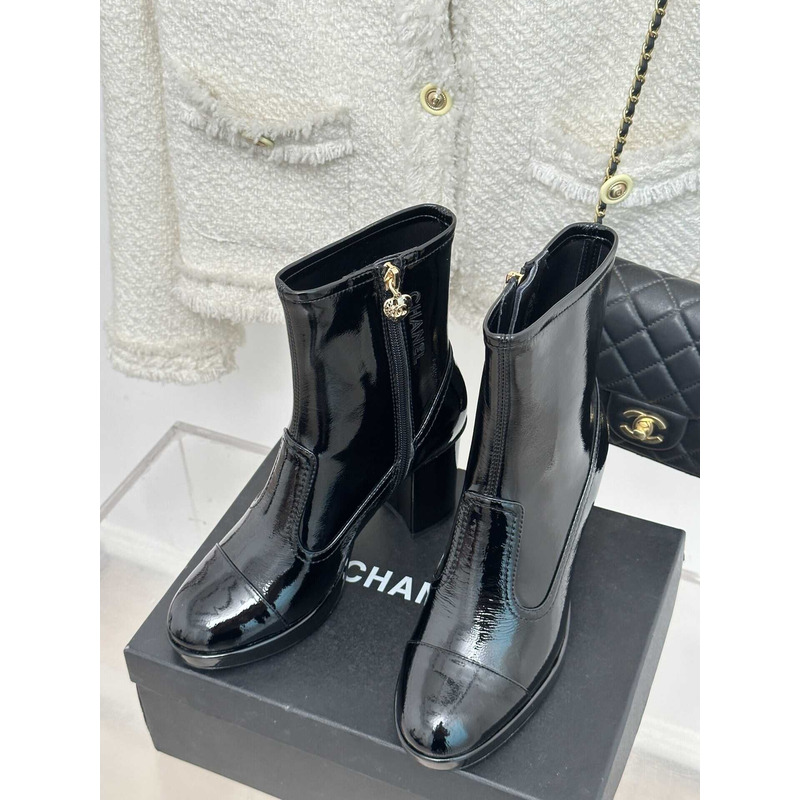 Ch*el short boots patent leather black